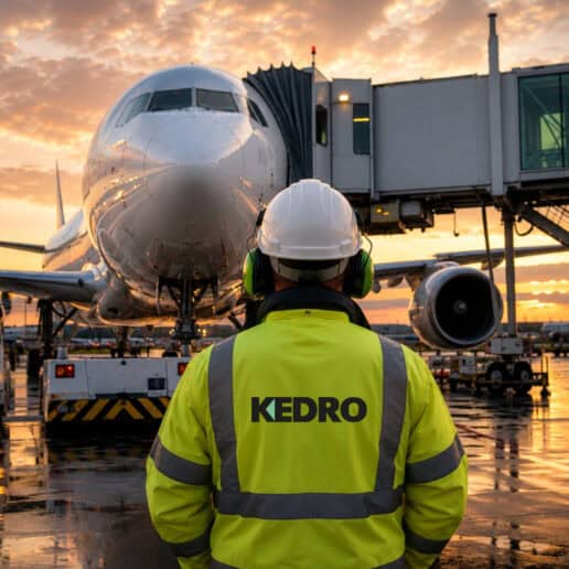 Aviation Ground Crew Worker wearing a white hard hat safety PPE: ear defenders and a yellow high-vis jacket with Kedro branding, the construction specialists.